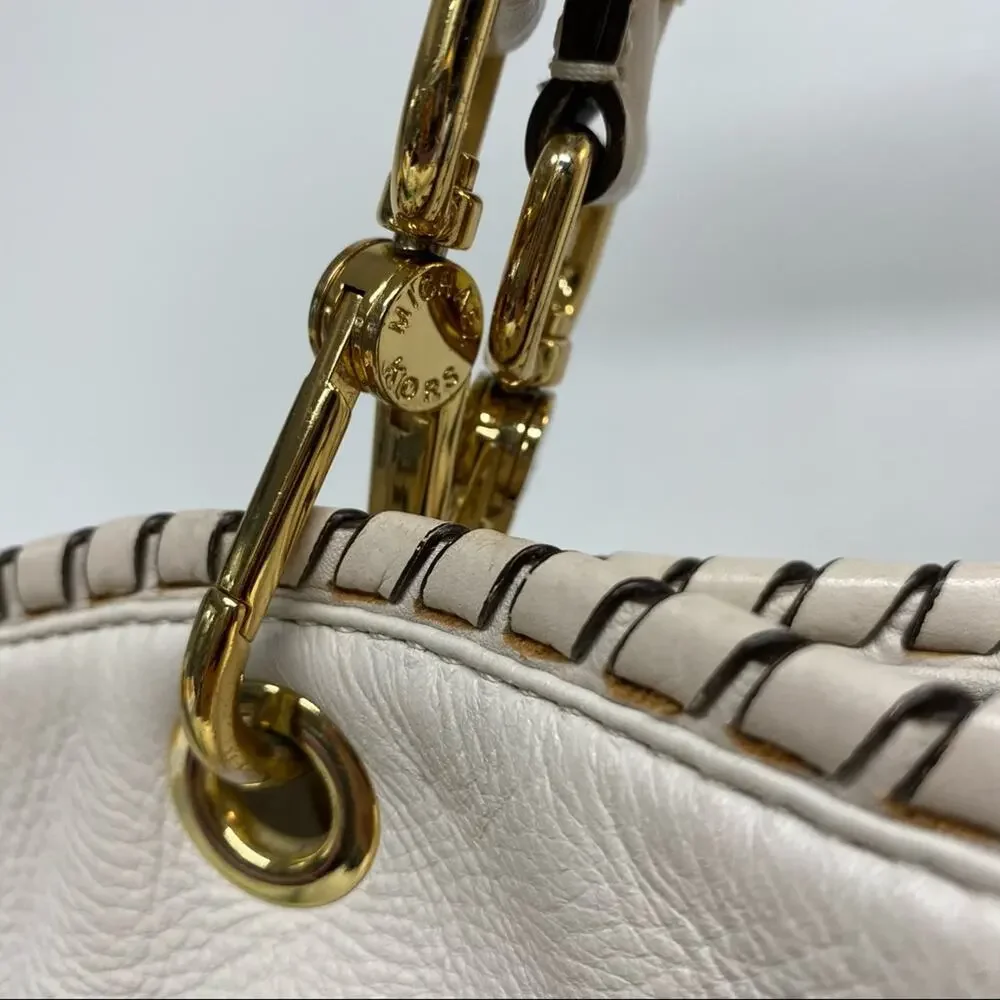 Michael Kors MK Purse Leather Hobo Bag Weave Strap Gold Hardware Cream Large